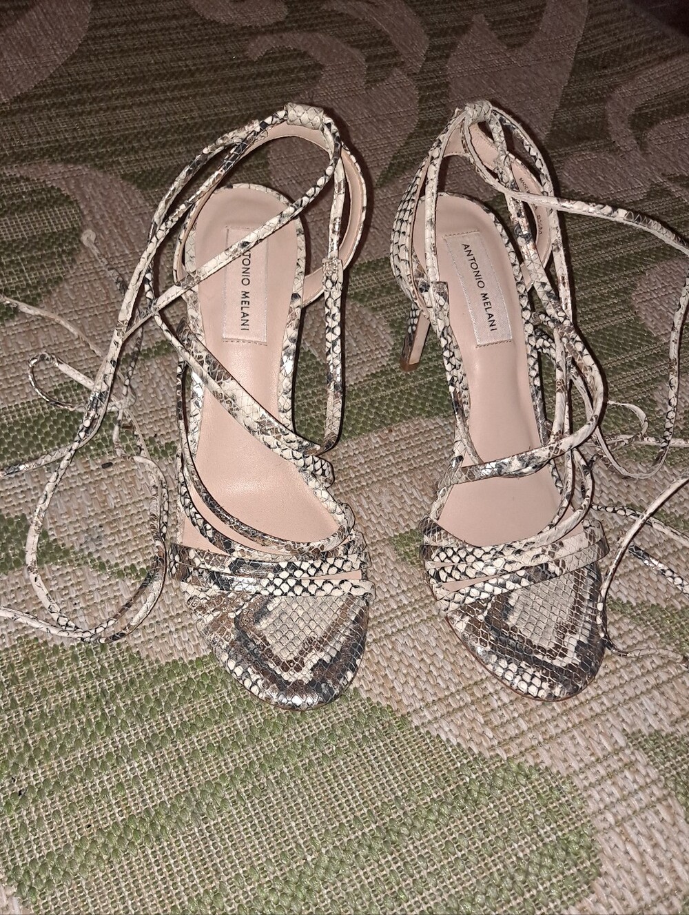 ANTONIO MELANI Beige Snake-Print Lace-Up Heeled Sandals